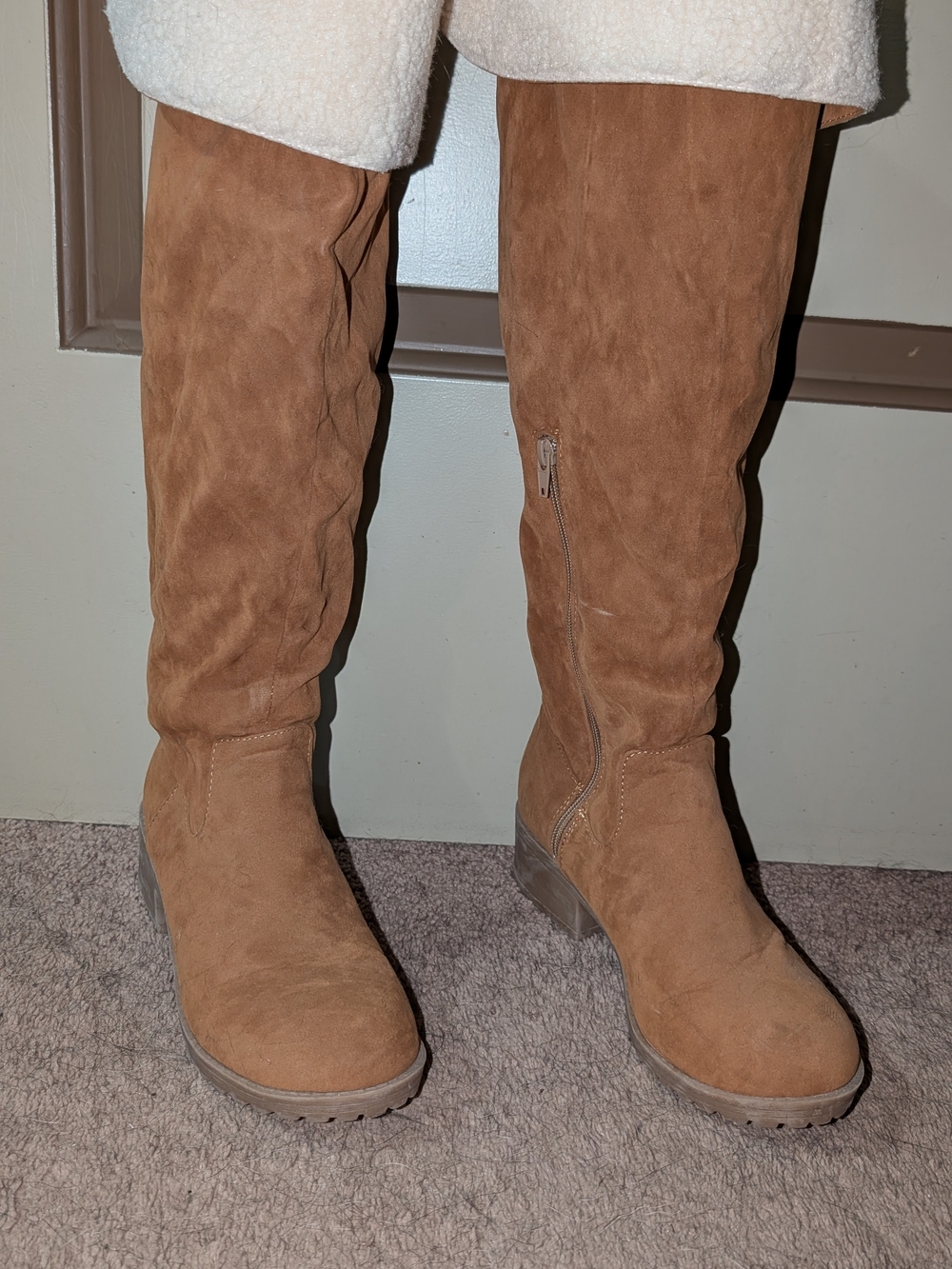 Women's Tan Suede Look Knee-High Boots - Classic Casual Style